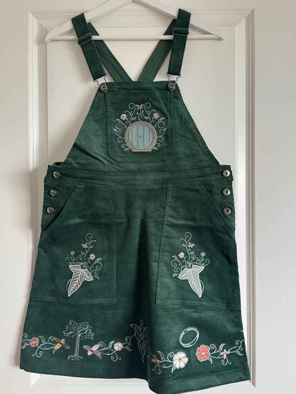 LOTR BoxLunch Embroidered Corduroy Overall Dress in Deep Green - Picture 5 of 7